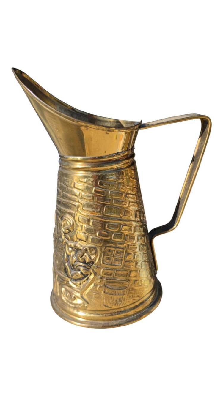 Vintage Embossed Brass Pitcher Tavern Scene Made in England